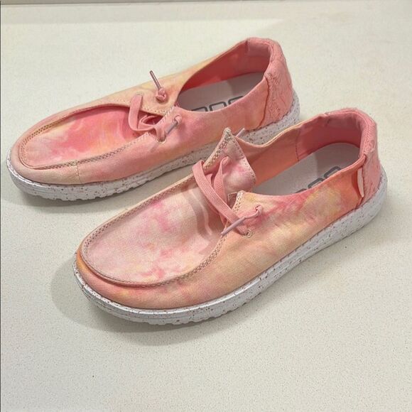 NEW Hey Dude Wendy Tie Dye Lemon Ombre Womens 7 Pink Gold Lace Up Loafer Shoes - Picture 1 of 7